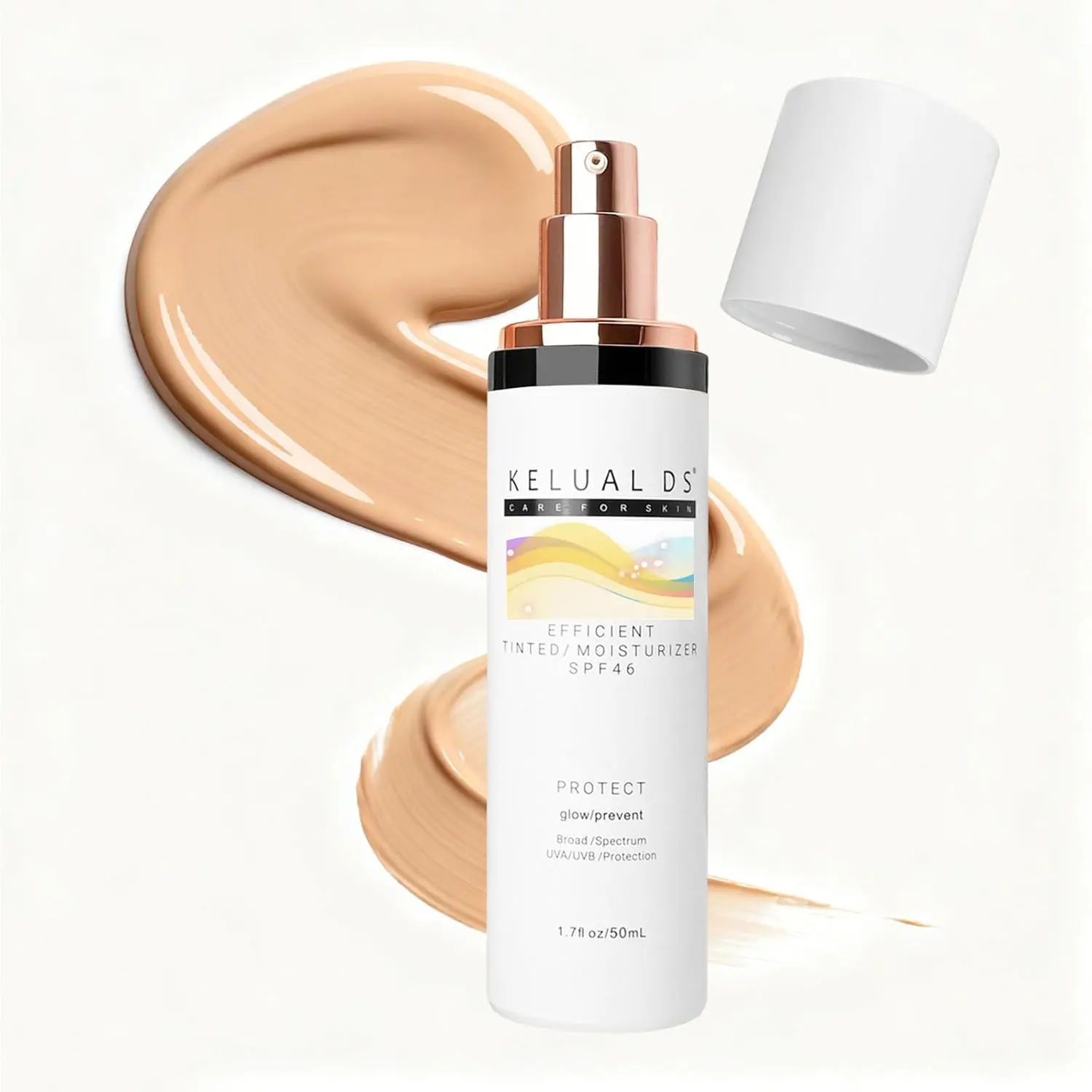 KELUAL DS Tinted Facial Moisturizer with SPF 46, Anti-Aging Sunscreen with Hyaluronic Acid for Radiant Skin, Sheer & Lightweight, 1.7 oz, Uv, Even Skin Tone, Spf Makeup, Bottle, Adults, Glow Routine, Cruelty Free, Moisturizing, Hydrating, All Skin Types