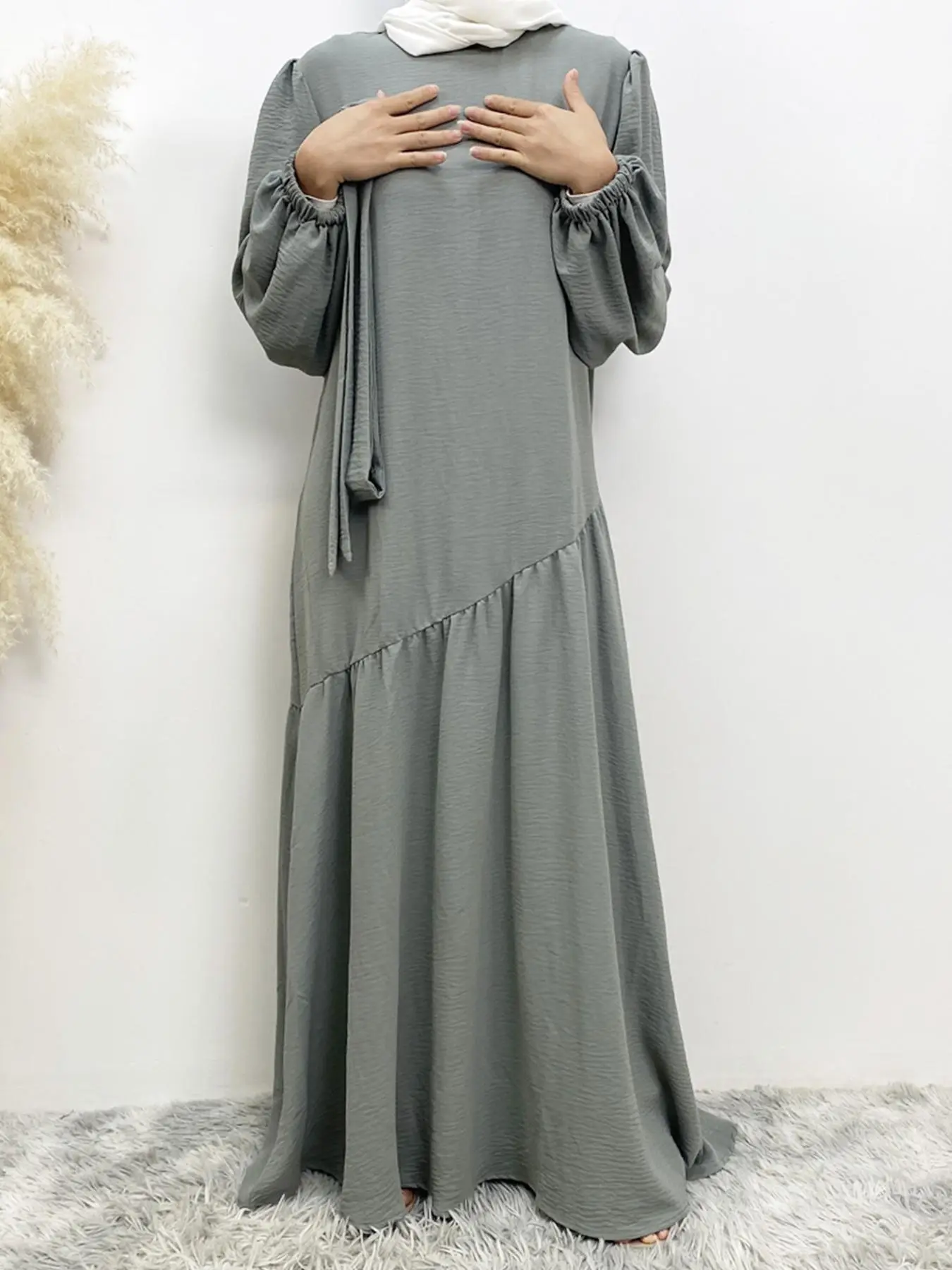 Women's Plain Belted Asymmetrical Hem Dress, Modest Bishop Sleeve Round Neck Long Dress for Daily Wear, Ladies Clothes for All Seasons