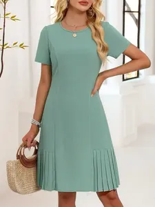 Celderio Women Loose Short Sleeve Crew Neck Pleated Hem Solid Color Summer Office Work Casual Modest Dresses Womenswear