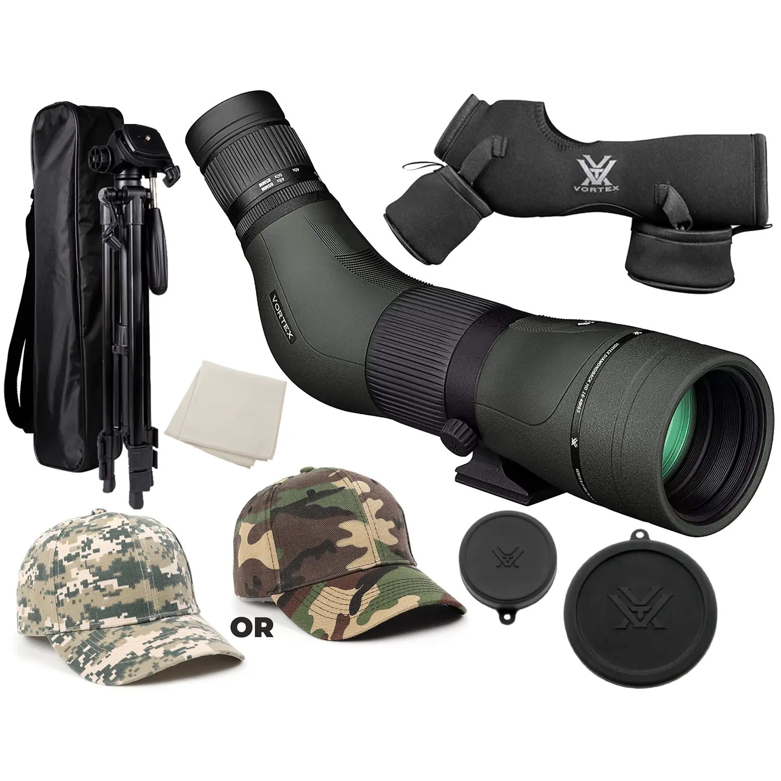 Vortex Diamondback HD Spotting Scope for Hunters & Campers, 16-48x65 Angled Body, Long Range with Helical Focus, Rubber Armor, Tripod & Hat Bundle, Long Range Spotting Scopes, Camper, 16-48X Magnif.