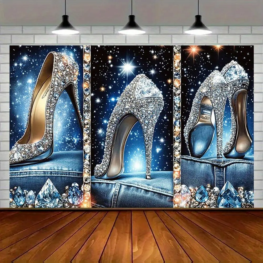 1pc Modern Farmhouse Crystal Print Denim & High Heels 1-Piece Party Backdrop Banner - Glamorous Polyester Indoor Wall Decoration, Sparkle Glow Photo Prop for Happy Birthday, Christmas Ceremony Ornaments (Mixed Colors)
