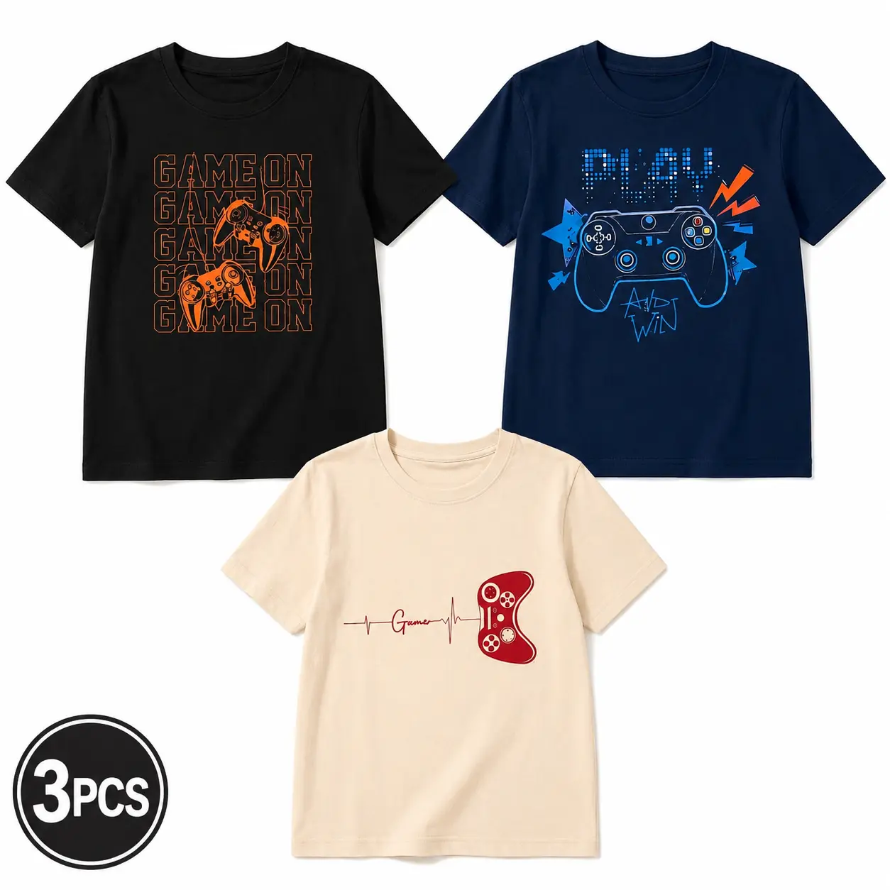 Boys' 3-Pack Graphic Tees, Cool Video Game Fashion T-Shirts, Breathable Short-Sleeve Crew Neck Summer Kids Clothing Set, Fashion T Shirt, Breathable Shirt