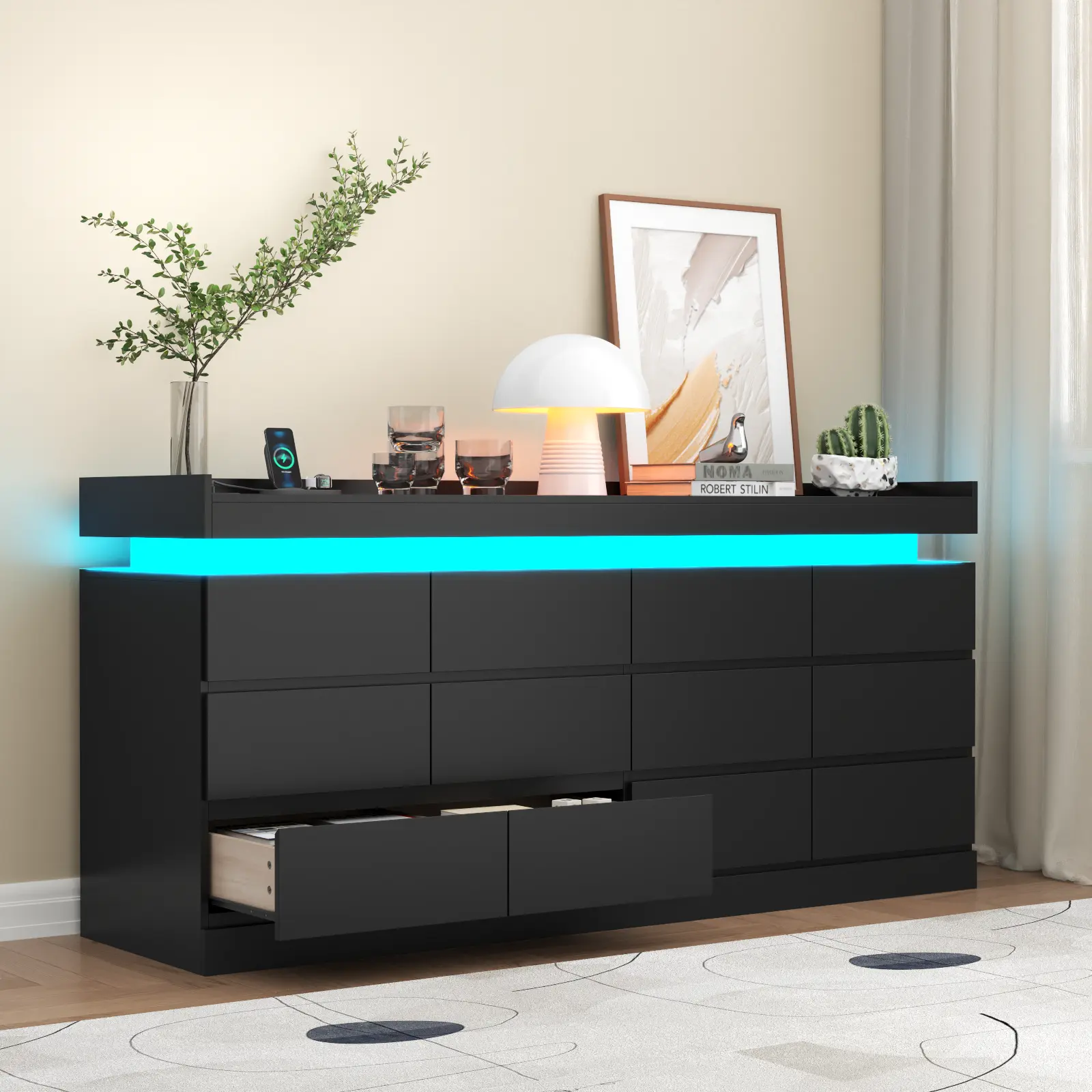 Gyfimoie 12 Drawer Dresser with Power Outlet, Dresser with LED Light, Modern Chest of Drawers for Closet, Double Wide Drawer Organizer Cabinet cicada  drawer nursery  dresser living room drawer