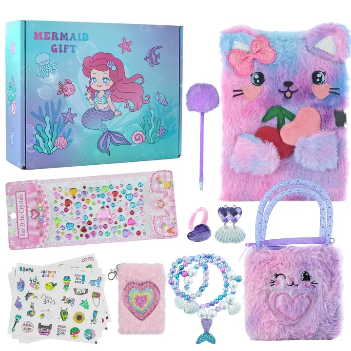 Secret Diary Journal Notebook with Coin Purse,Cat Diary with Lock, Gift for Suitable for ages 6 and up Girl, Multicolored Pen, Post-it Note, Stickers, Practical Gift for Birthday