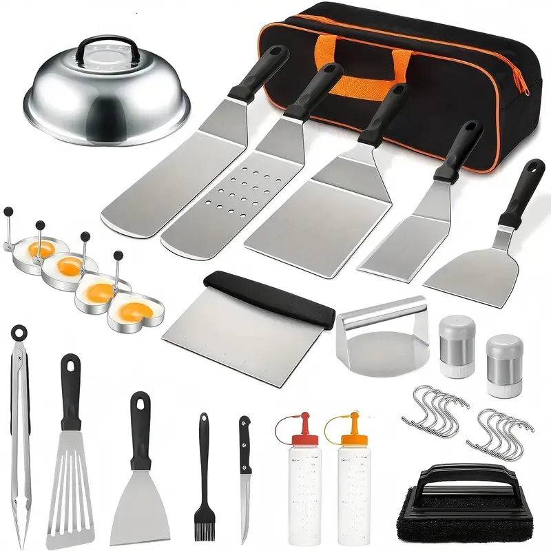 33 Pieces Blackstone Griddle Utensils Kit - Durable Barbecue Tool Set, Professional Hibachi Flat Top Grill Kitchen Accessories, Enlarged Spatula, Basting Cover, Burger Press Patty Maker, Rust Resistant, Teppanyaki Ready, Ideal for BBQ Parties