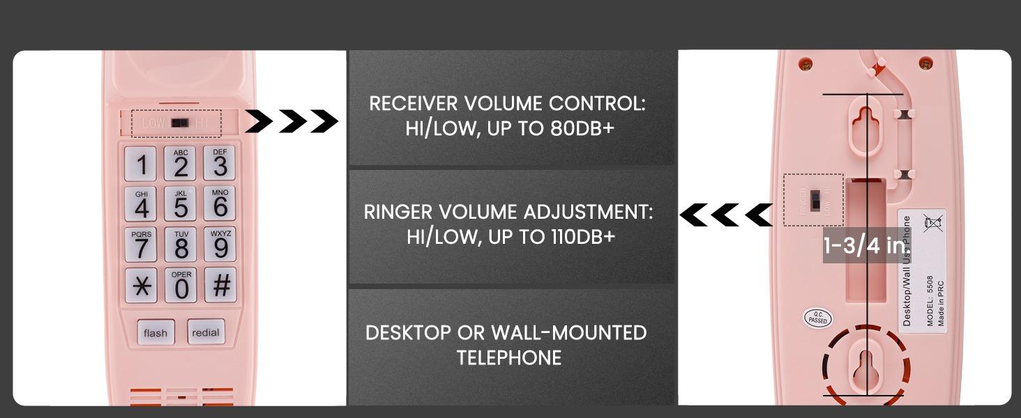 Landline Phones for Home, Corded Phone Requires No Power, Vintage Princess Phone Features Backlit Buttons, Works During Power Outages, Volume Control, Retro Wall Phone - Pink Telephone