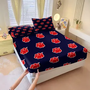 Navy Red Cloud Printed Fitted Sheet Set, Includes 1 Fitted Sheet & 2 Pillowcases without Filler, Featuring low-key base with eye-catching red clouds, delicate texture, soft and comfortable, for a quality lifestyle.