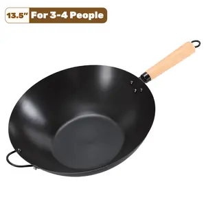 13.5" Carbon Steel Wok, Pre-Seasoned Flat Bottom Stir Fry Pan, Durable Pan for Family Meals, BBQ, Grill & Camping, Compatible with Induction, Electric, Gas and Open Fire, Black