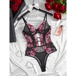 1pc Women's Lingerie Floral Embroidery Mesh Bodysuit,Suitable for Party, Going Out