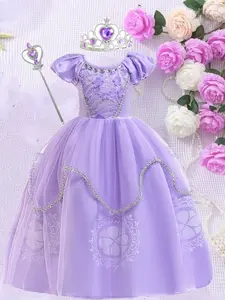 Girl's Contrast Lace Appliques Sequin Tulle Overlay Dress with Crown & Magic Wand, Elegant Puff Sleeve Round Neck Mesh Dress for Party, Kids Clothes for All Seasons, Princess Seraphina Dress