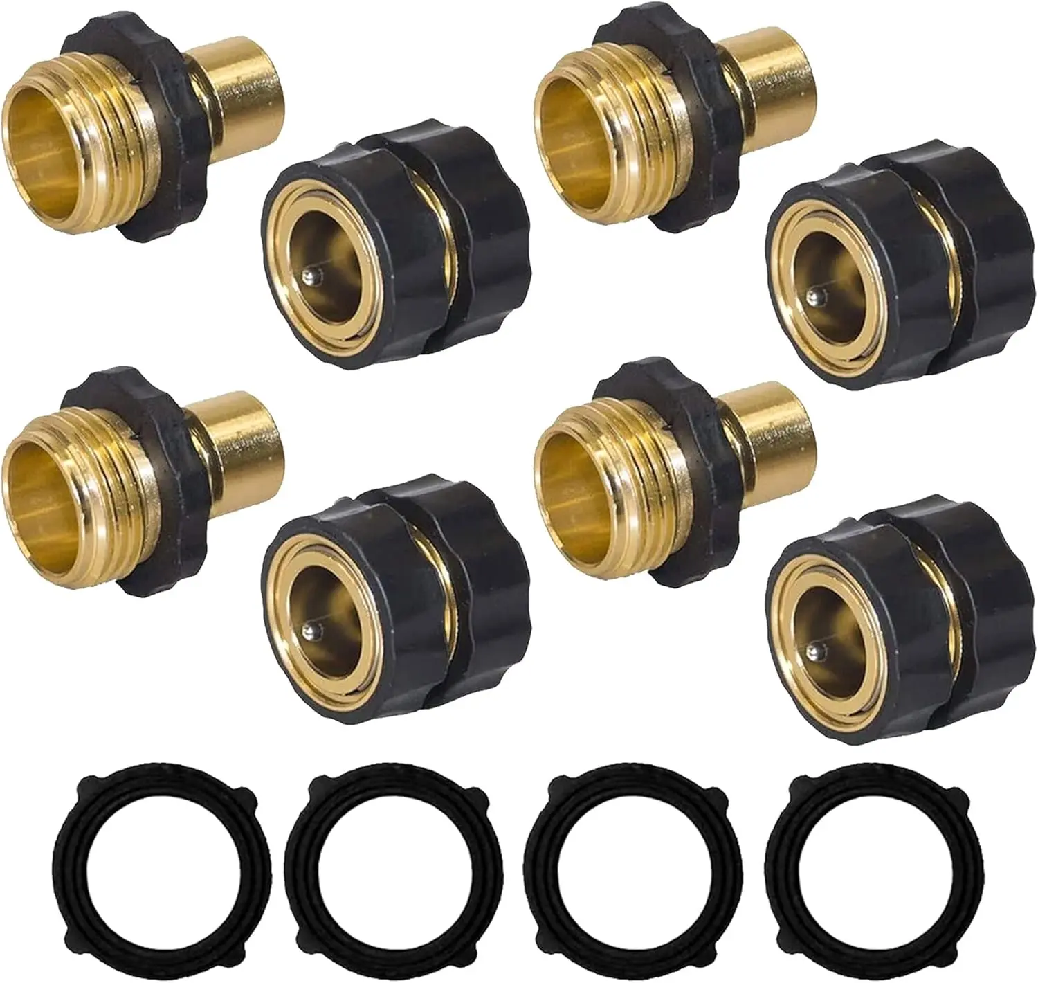 4 PCS 3/4 Inch Garden Hose Fitting Quick Connector Male and Female Set with Extra Rubber Washers , Male & Female quick release design, easy install universal quick connect fittings, heavy duty watertight hose couplers for backyard irrigation