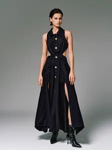 URBAN REVIVO Women's Casual High-Waist Sleeveless Pocketed Denim Maxi Shirt Dress - Gold Button Collar, Cutout, Retro Flowy Split, High-Slit, Chic, Elegant summerwins,summerwins