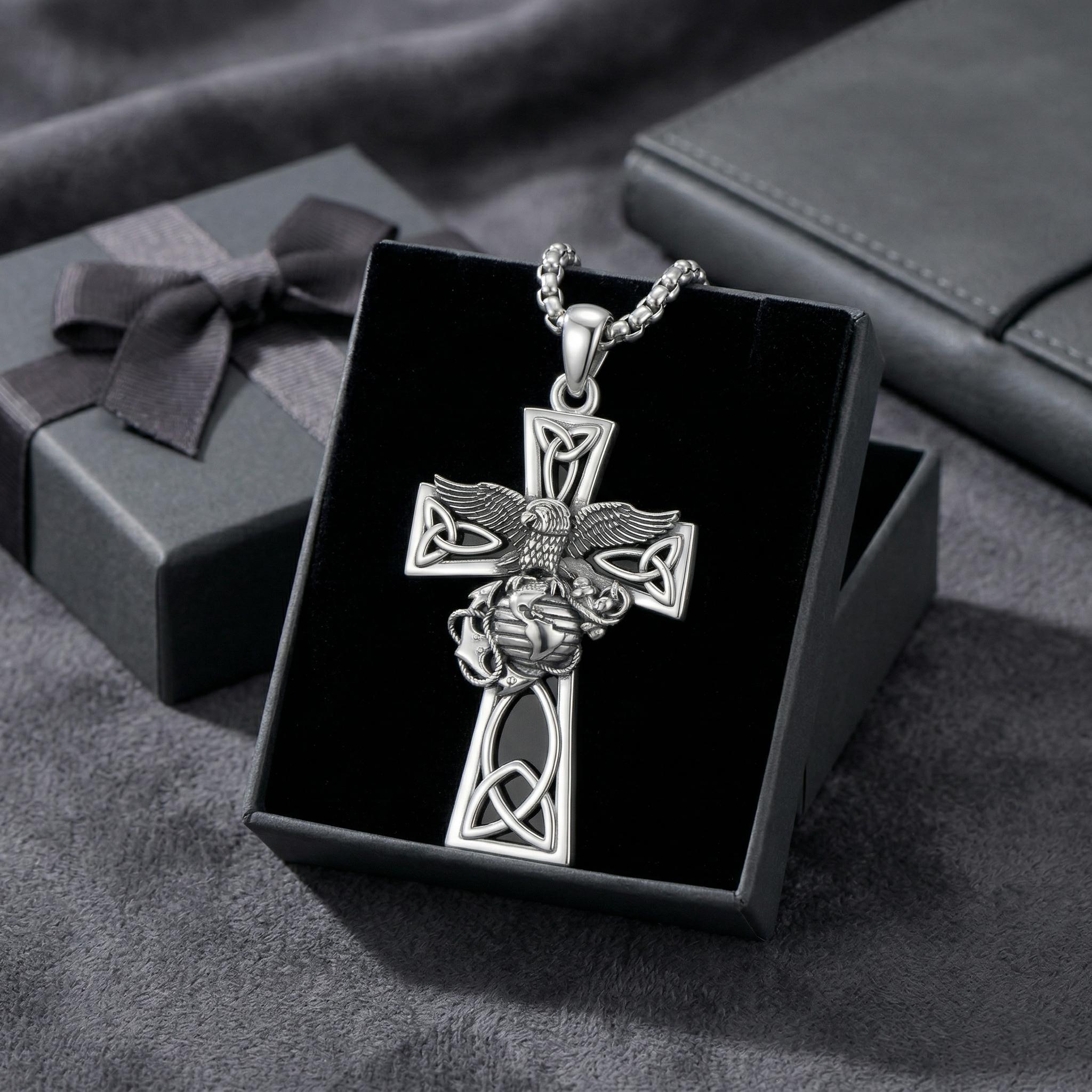 MEIDERBO Signet Style Black Onyx Necklace for Men 925 Sterling Silver Oxidized Finish Marine Corps Stainless Steel Bead Chain 22+2 Inch Men's Jewelry Gift