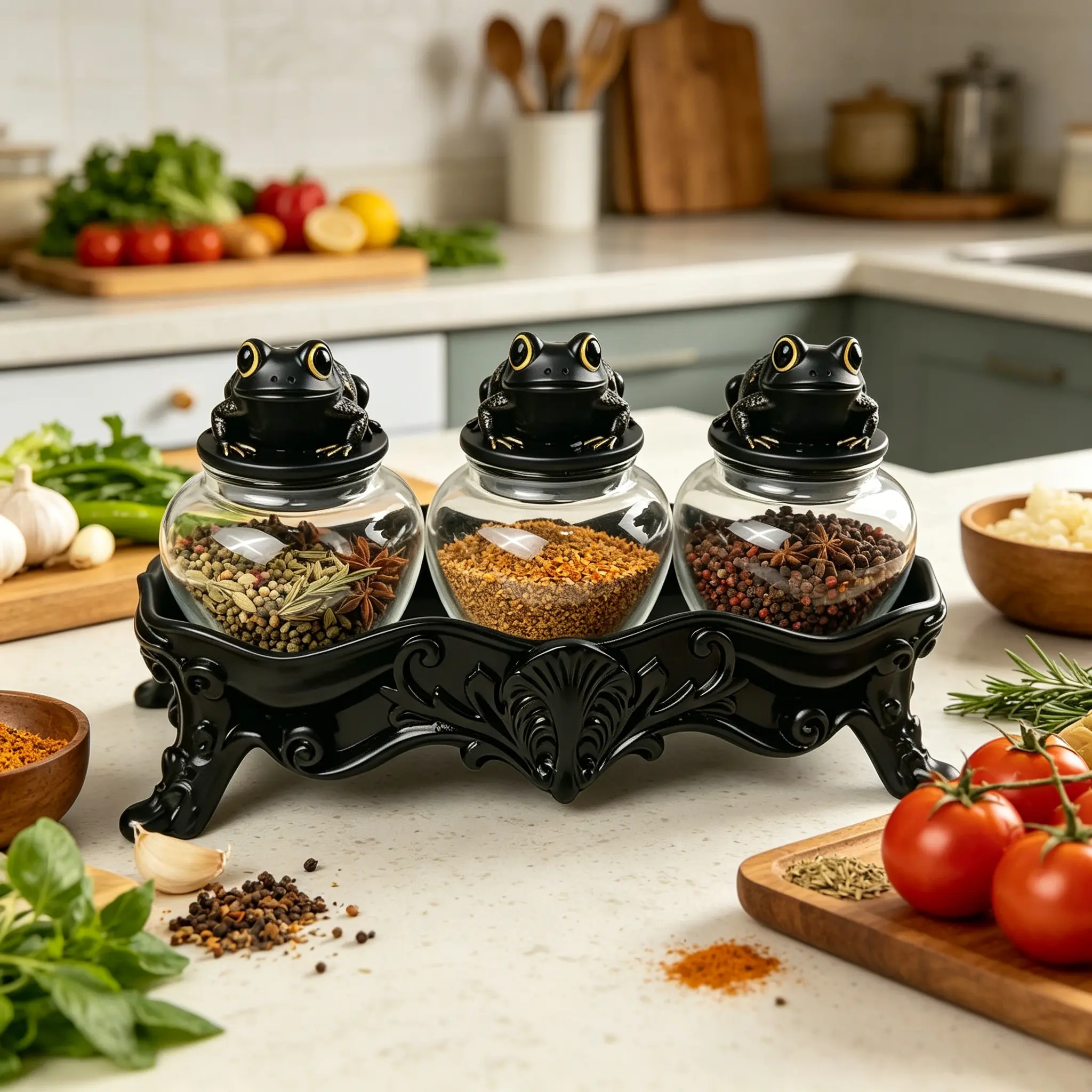 Vintage Funky Kitchen Supplies 3-Piece Oval Transparent Gothic Frog Glass Storage Jar Set - Includes Elegant Resin Base Tray, Ideal for Kitchen, Bath, Vanity Organization & Decor Display