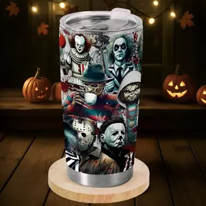 Horror Movie Villains 20oz Tumbler – Slasher Legends Drinking Coffee, Trending Tumbler, Funny Gift for Horror Fans & Halloween Lovers