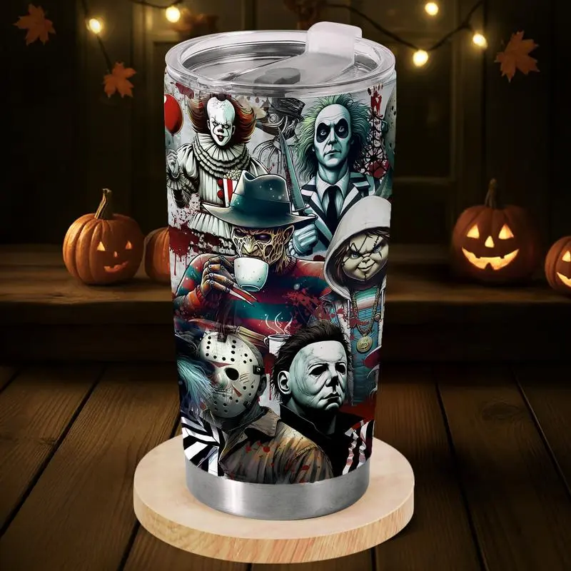 Horror Movie Villains 20oz Tumbler – Slasher Legends Drinking Coffee, Trending Tumbler, Funny Gift for Horror Fans & Halloween Lovers