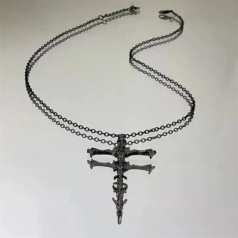 Gothic Skeleton Necklace with Cross Pendant, Black and Silver Alloy Chain & Link Jewelry for Unisex, Adjustable 47+5cm