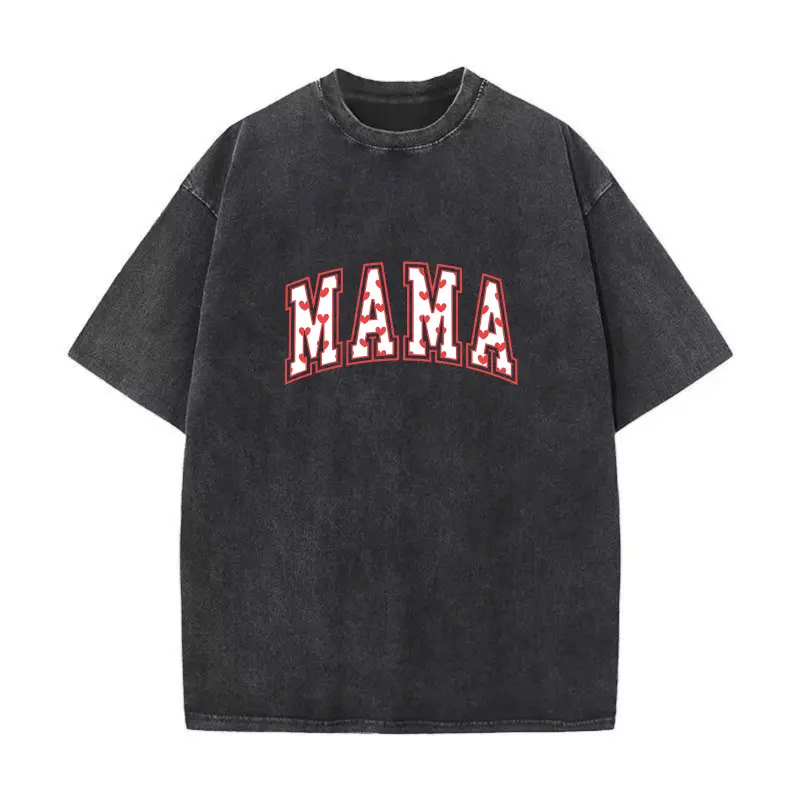 Unisex T-Shirt Mama Heart Pattern Varsity Print Tee Mother's Day Celebration Cotton Short Sleeve Shirt for Men and Women Vintage Washed Casual Top Holiday Gift Mother's Day Gift