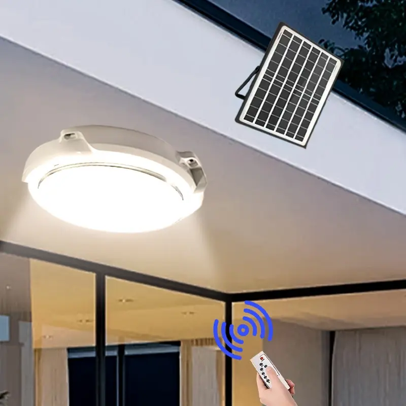 1pc Round Solar Powered Ceiling Light, Three Modes with Remote Control, Ideal for Courtyard, Garden, Pathway, Gate, Terrace, Staircase Lighting, Home Decor Lighting, Decoration Lamp