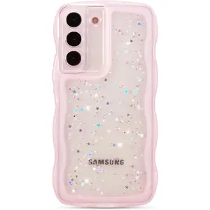 X-PCS20   for Samsung Galaxy S21 5G Case 6.2",Cute Curly Wave Case with Star Glitter,Clear Shiny Bling Soft TPU Shockproof Phone Protective Cover for Women Girls-Pink