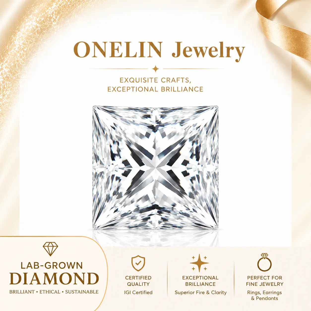 IGI Certified Princess Cut Lab-Grown Diamond Fine Jewelry - 2.00 Carat, E Color, VS1 Clarity, Model LG809676940, Vs Clarity