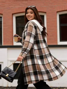 A women's retro-style long coat in coffee color, featuring a hood, checkered pattern, and two pockets, suitable for commuting, daily wear, and vacations.