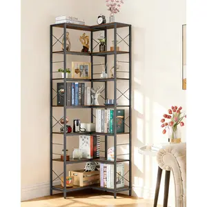 7-Tier Industrial Design Corner Shelf, Freestanding Wood and Metal Bookshelf, Modern Rustic Storage Display Shelf for Living Room, Bedroom, Office, Kitchen