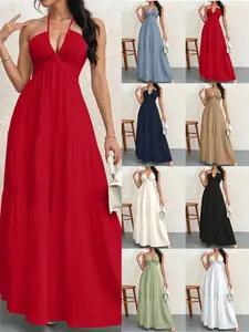 Women's Summer Halter Neck Sleeveless Dress V Neck High Waist Chiffon Flowy Long Maxi Dress for Party Evening Prom, Beach, Swimwear