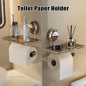 Toilet Paper Holder Suction Cup Toilet Paper Holder,Stainless Steel Suction Cup Toilet Paper Holder, 2-in-1 Tissue Holder with Shelf,  Washroom Storage Rack with Phone Stand, Vanity Organizer, No Drill Wall Mount Dispenser, Bathroom Organizing Accessories