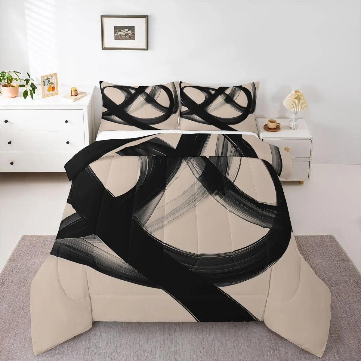 Abstract Modern Black Beige Comforter Set,Neutral Minimalist Lines Bedding Set for Boys Men Geometric Duvet Insert Contemporary Art Simple Quilt Comforter Room Decor,