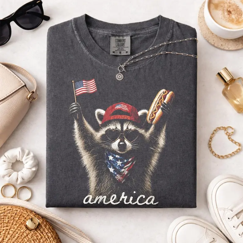 Comfort Colors America Raccoon Hot Dog T Shirt, Kids 4th of July Raccoon TShirt, Patriotic American Flag Graphic Tee, Women's Retro USA Animal T-Shirt