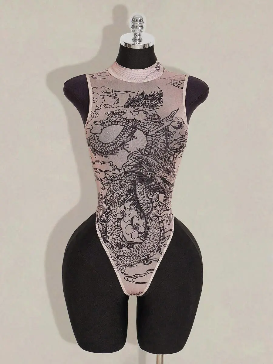 Women's Dragon Print Fitted-Style Bodysuit, Nude Tone One Piece Lace-Style Leotard Top For Autumn Winter Outfits