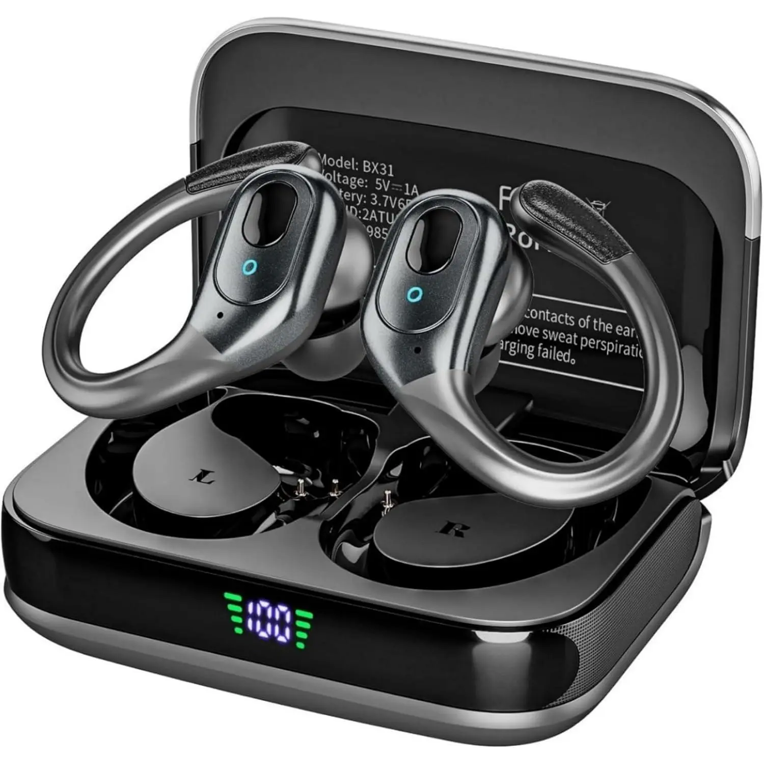 Wireless earbuds, sports Bluetooth earphones, 75 hours of ultra long battery life, with LED battery display, noise cancelling earphones, IPX7 waterproof, suitable for sports/running