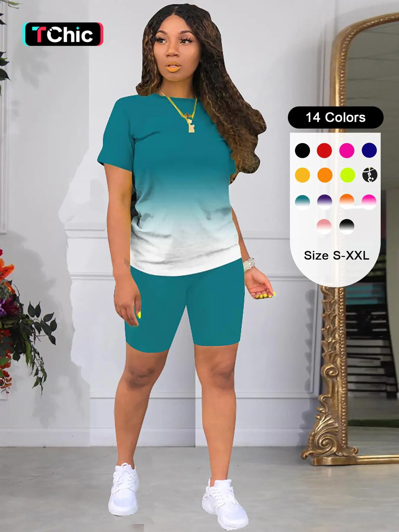 Two-piece Set Women's Ombre Print Skinny Shorts Two-piece Set, Crew Neck Short Sleeve T-shirt & Track Shorts, Back To School Outfits, Fall Sets, Casua