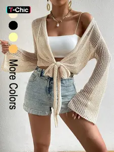 Women's Plain Knot Front Cardigan, Casual Long Sleeve Breathable Cover Up for Summer, Fashion Womenswear Women's Knitwear for Beach Holiday Vacation Fit