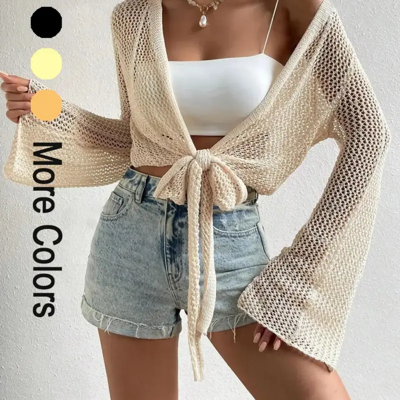 Women's Plain Knot Front Cardigan, Casual Long Sleeve Breathable Cover Up for Summer, Fashion Womenswear Women's Knitwear for Beach Holiday Vacation Fit Polyester Knitwear Cardigan