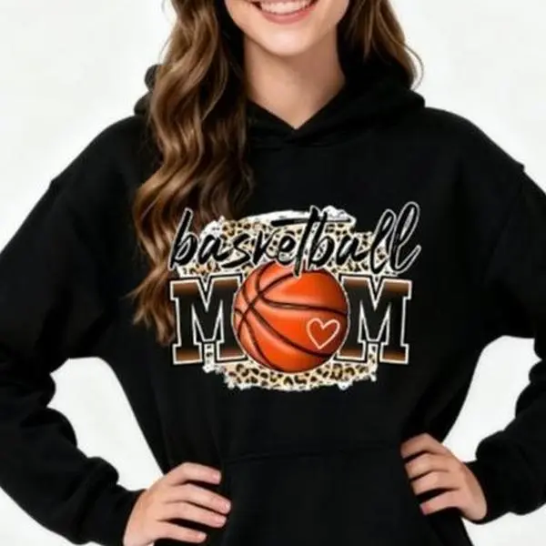 Women's Basketball Mom Polyester Hoodies Unisex Sweatshirt, Casual Crew Neck Long Sleeve Pullover with Letter Print, Regular Length for Women Men Girls Adults Size S M--3XL