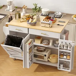 51.8" Kitchen Island Cart with Trash Can Storage, Kitchen Island on Wheels with Power Outlet & Drop Leaf, Rolling Kitchen Cart with Towel Rack & Spice Rack, Mobile Islands Table for Kitchen