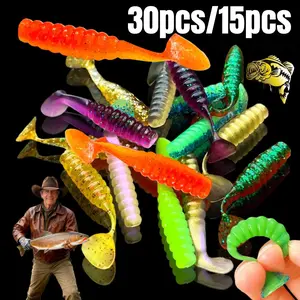 30/15pcs artificial fishing lures, T-shaped tail, ribbed lures, maggot baits, swimming baits, suitable for sea bass fishing, colorful bag packaging, Soft Fishing Lure, Fishing Tackle