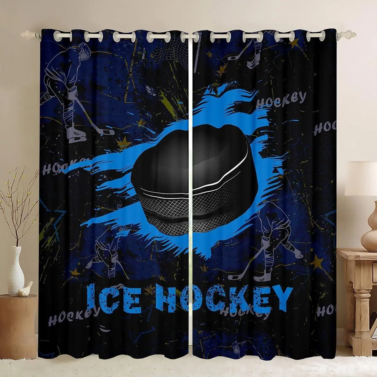 Ice Hockey Kids Blackout Curtain Sports Gaming Theme Blue Window Treatments,Hockey Player Window Drapes for Boys Girls Room Decor Grommet Top 2 Panel Set,Bedroom Curtains