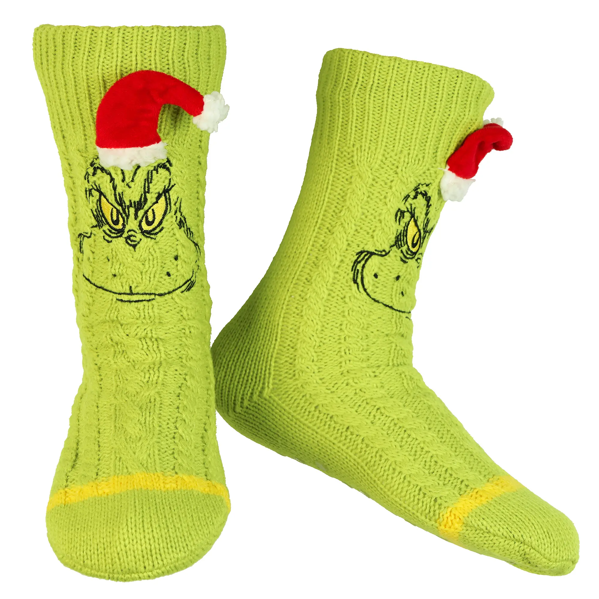 Dr. Seuss GRINCH Adult Sherpa Lined Grinch Face Santa Hat Sweater Knit Slipper Socks For Men and Women, Embroidered, Accessory