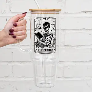 Sip-Sip Hooray! The Reader Tarot Card Glass Tumbler – Book Lover Cup with Lid & Plastic and Glass Straws, BookTok & Tarot Gift, Reusable Aesthetic Drinkware Water Bottle