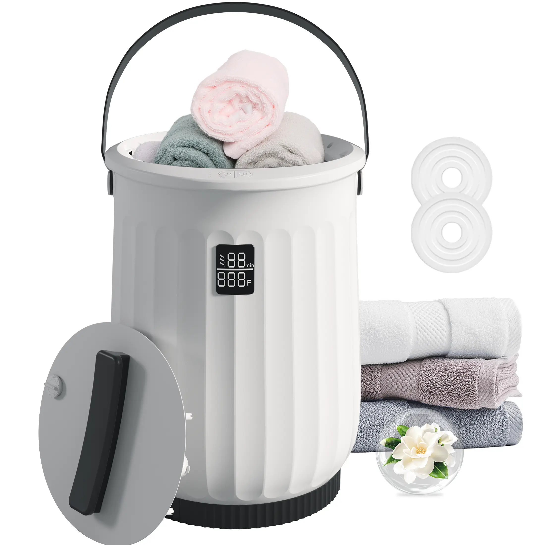 White Heated Deluxe Towel Warmer Bucket - Bathroom Accessories, 4 Heating Modes, Self-Closing, Adjustable, Lightweight, Ideal Gift for Festivals, Bathrooms or Beauty Spas, Fits Clothes