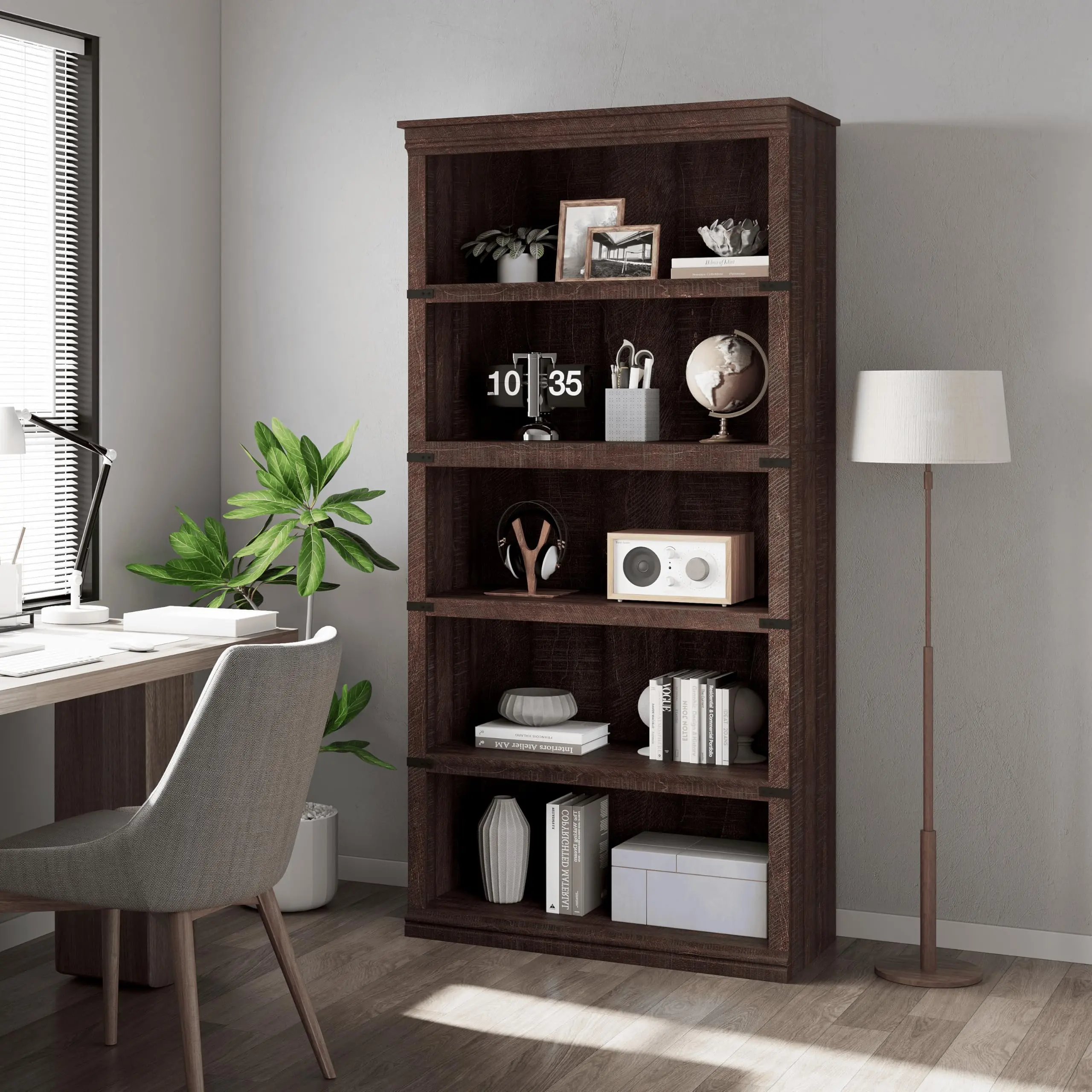 Garvee 5-Tier Wooden Bookshelf - 67.4" H x 31.5" W x 12.8" D Durable Office Furniture with Colonial Molding Design, 45 lbs Capacity, Assembly Required for Home Office, Living Room
