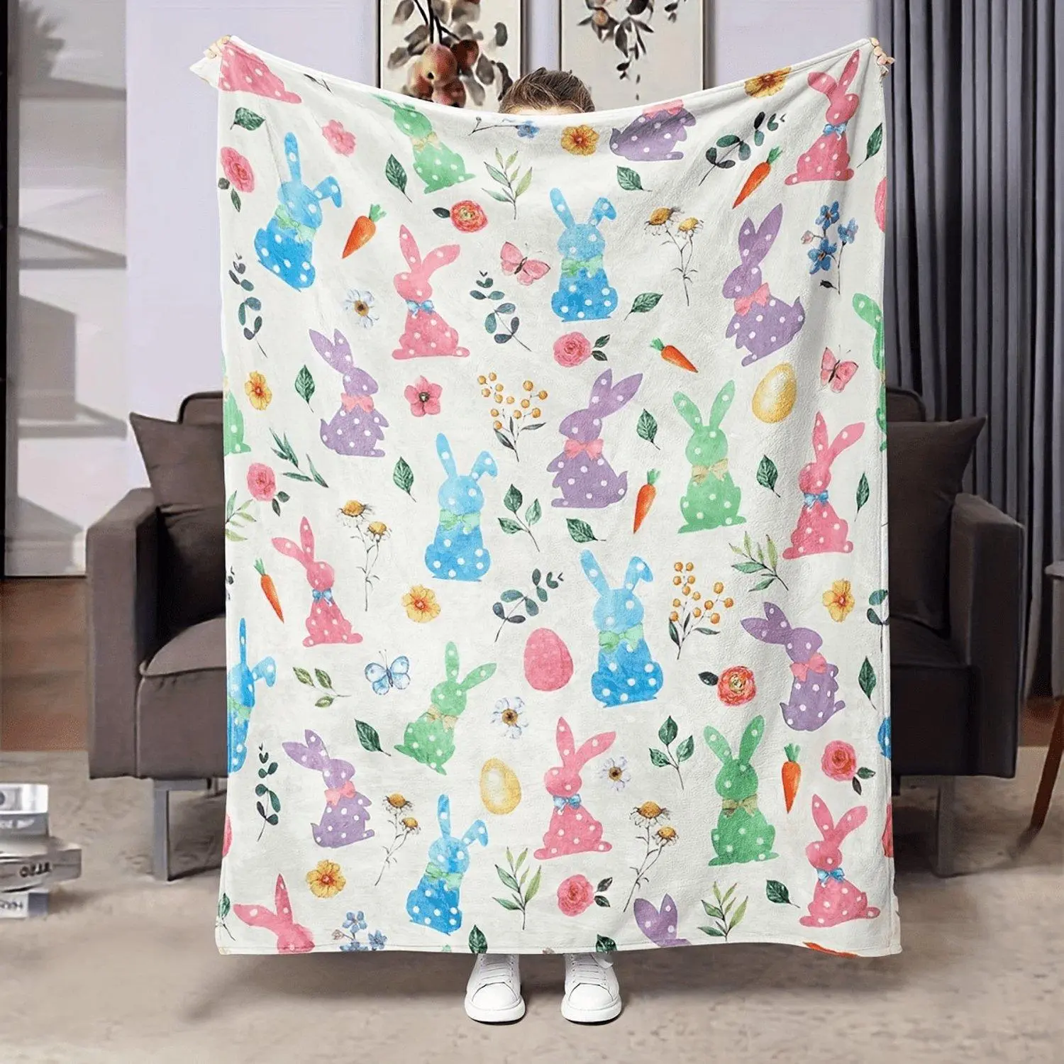 Easter with Colorful Rabbits And Eggs a Soft And Warm Fleece Blanket Perfect for Home Travel Or Use Cozy Plush Throw Blanket for Comfort and Decoration