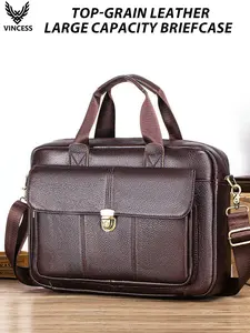 VINCESS Men's Leather Business Briefcase, A4 Conference Bag, Vintage Casual Shoulder Bag, Large Capacity Laptop Messenger Bag, Strap, Christmas Gift