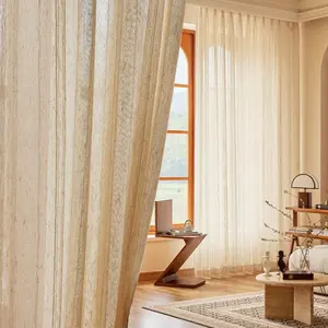 1pc Wood Color Semi-Transparent Bamboo Linen Curtain, Modern Natural Linen Stripe Pattern, Perfect for Balcony Door, Living Room & Bedroom Decor