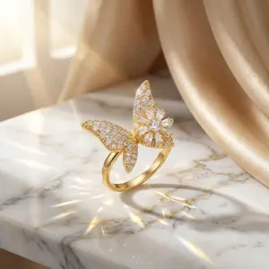 Women's Gold Butterfly Accents Ring - Open Band, Rotating Zircon Flower Pavé Spinner, Cute Style Fidget Bird-Shaped Gold Costume Jewelry Gift, Gold Rings, Fidget Rings