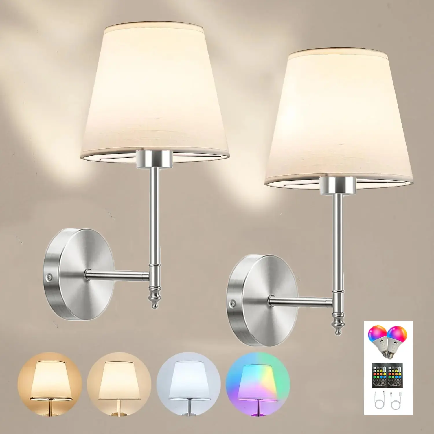 Modern short 2-piece rechargeable wall lamp, battery powered wall lamp with 1200mAh RGB bulb dimmable detachable bulb and remote control, suitable for bedroom, living room, corridor decoration, Home Decor Lighting, Adjustable RGB Lighting Dimmable Lights