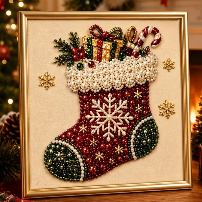 FRAMELESS FRAMED CHRISTMAS STOCKING PEARL DIAMOND PAINTING KIT, 3D Beaded Mosaic Xmas Wall Art Decor Set, Beginner Friendly DIY Handcraft For Stress Relief Holiday Home Decoration & Christmas Gift